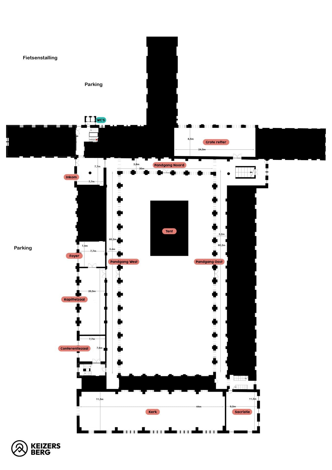 Keizersberg venue floor plan with Kerk, Kapittelzaal, Grote Refter, Pandgang and Inkom marked